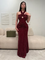 Fashion Red Halter Sleeveless Sequins Sparkle Mermaid Evening Dress