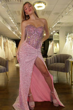Gorgeous Mermaid Pink Strapless Long Glitter Beaded Prom Dress with Slit