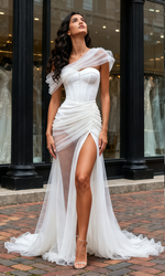 Trumpet Satin Sexy Sweetheart Tulle Ruched Wedding Dress with Side Slit
