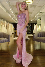 Gorgeous Mermaid Pink Strapless Long Glitter Beaded Prom Dress with Slit