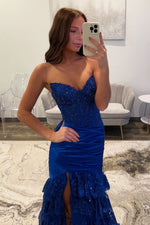 Sparkly Mermaid Sweetheart Dark Red Satin Tiered Prom Dress