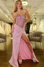 Gorgeous Mermaid Pink Strapless Long Glitter Beaded Prom Dress with Slit