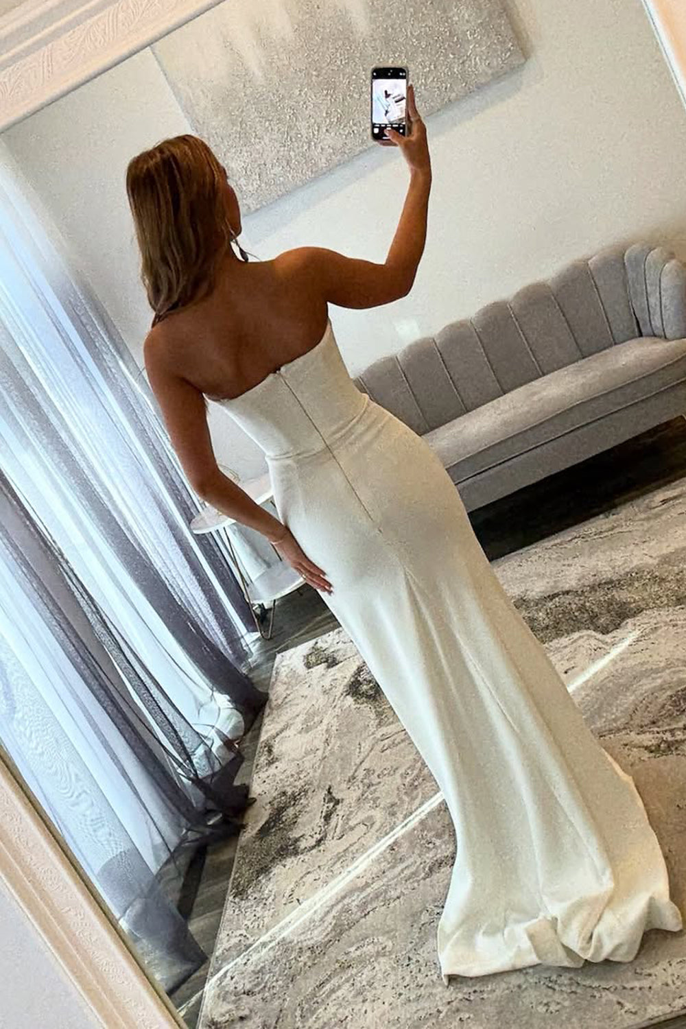 Charming Mermaid V Neck White Satin Prom Dress with Side Slit