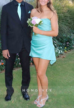 Cute A-Line Strapless Pink Elastic Satin Sleeveless Short Homecoming Dress