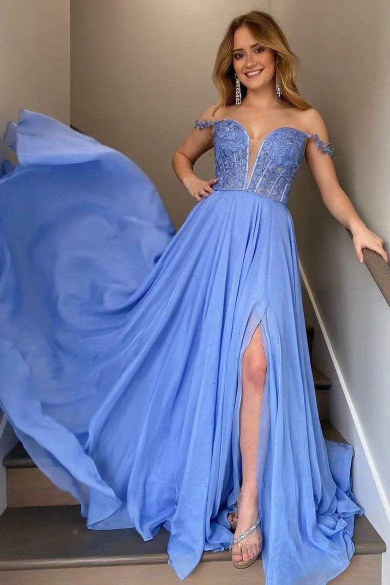 Periwinkle Off-Shoulder V-Neck A-Line Princess Prom Dress