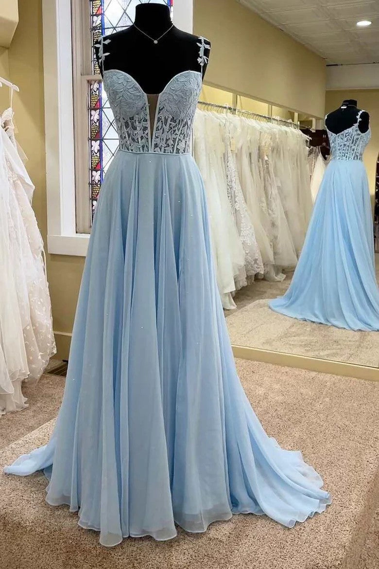 Periwinkle Off-Shoulder V-Neck A-Line Princess Prom Dress