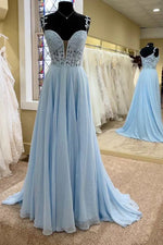 Periwinkle Off-Shoulder V-Neck A-Line Princess Prom Dress