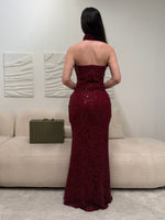 Fashion Red Halter Sleeveless Sequins Sparkle Mermaid Evening Dress