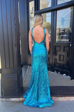 Mermaid V Neck Teal Sequins Long Prom Evening Dresses