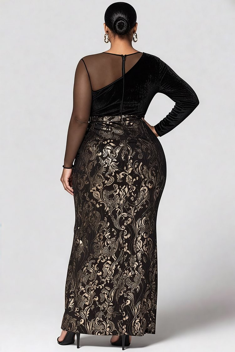 Plus Size Formal Black All Over Print Round Neck Long Sleeve Contrast Elegant Split Velvet Maxi Dresses