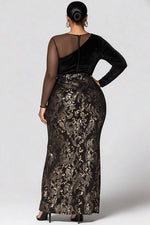 Plus Size Formal Black All Over Print Round Neck Long Sleeve Contrast Elegant Split Velvet Maxi Dresses