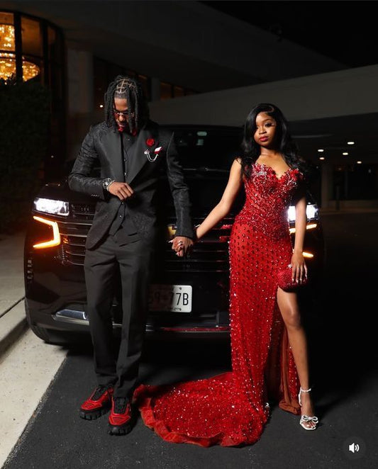 Sparkly Mermaid Sweetheart Red Sequin With Pleated Beads Slit Long Prom Dresses Formal Gown Inspo Evening Outfit With Gloves