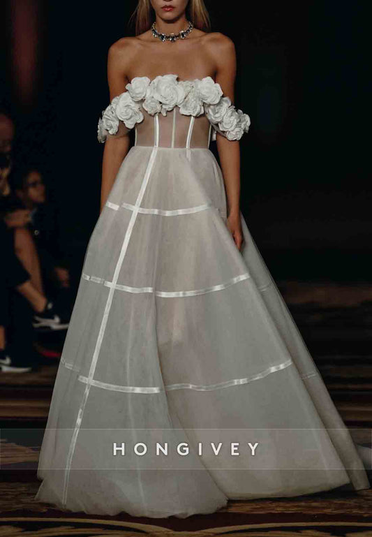 Flowers Off the Shoulder A-Line Floor-Length Low Back Wedding Dresses