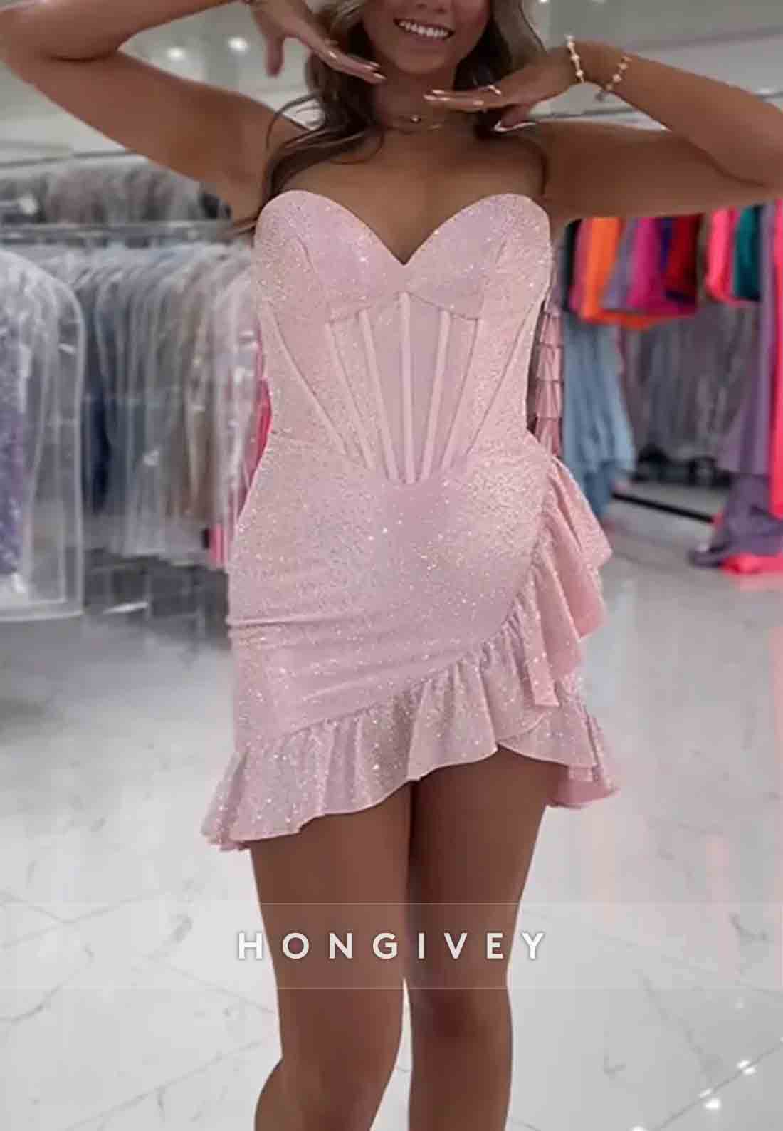 Sparkly Sheath Sweetheart Hot Strapless Short Homecoming Dress with Beading