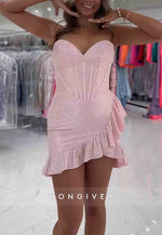 Sparkly Sheath Sweetheart Hot Strapless Short Homecoming Dress with Beading