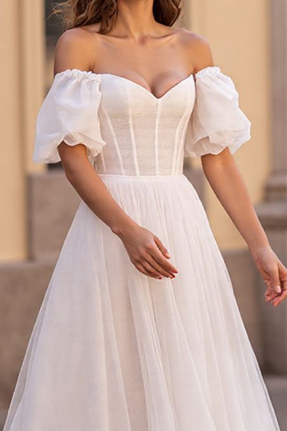 Bubble Sleeves Sweetheart Tulle A-Line Wedding Dress Long Online