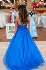 Cute A Line Sweetheart Royal Blue Tulle Prom Dress with Beading