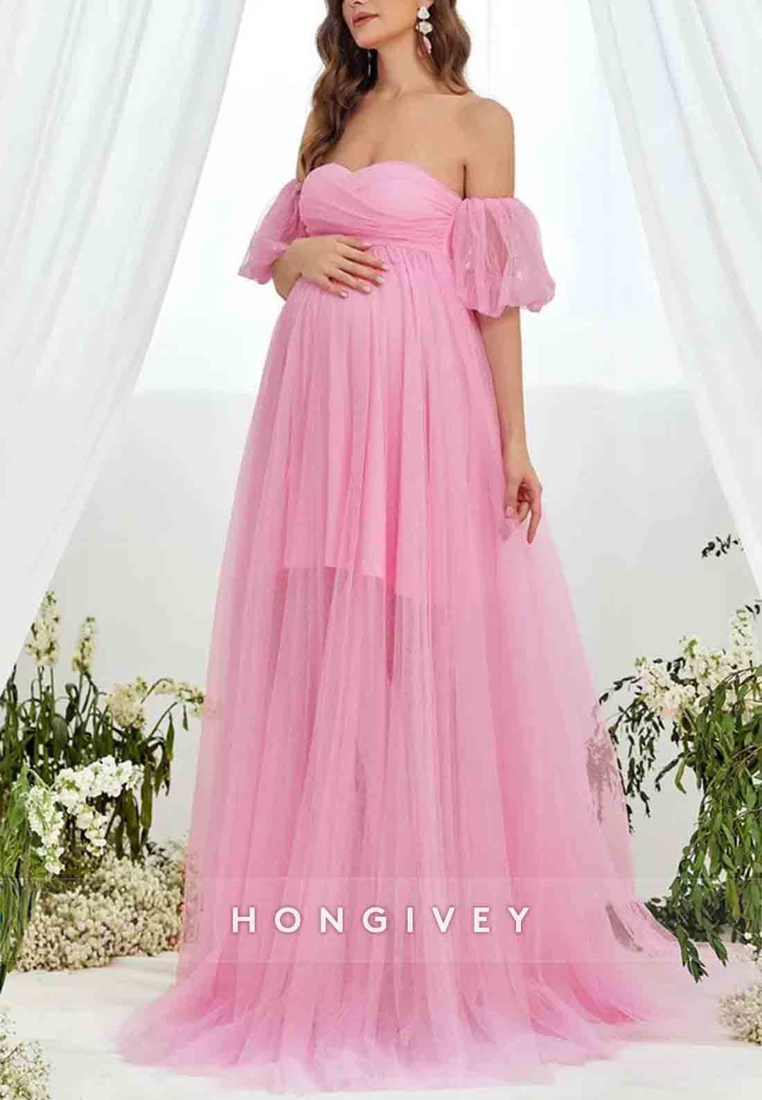 Maternity Sweetheart Off the Shoulder Puff Sleeve Mesh Overlay Wedding Dress