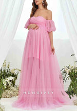 Maternity Sweetheart Off the Shoulder Puff Sleeve Mesh Overlay Wedding Dress