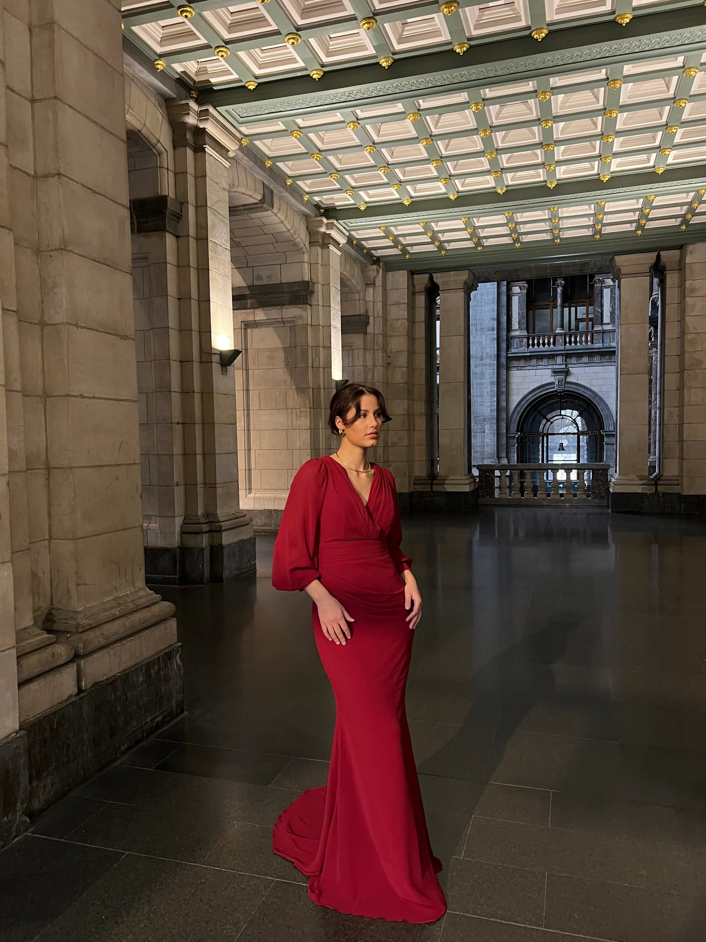 Burgundy V-Neck Long Sleeve Mermaid Formal Evening Dress