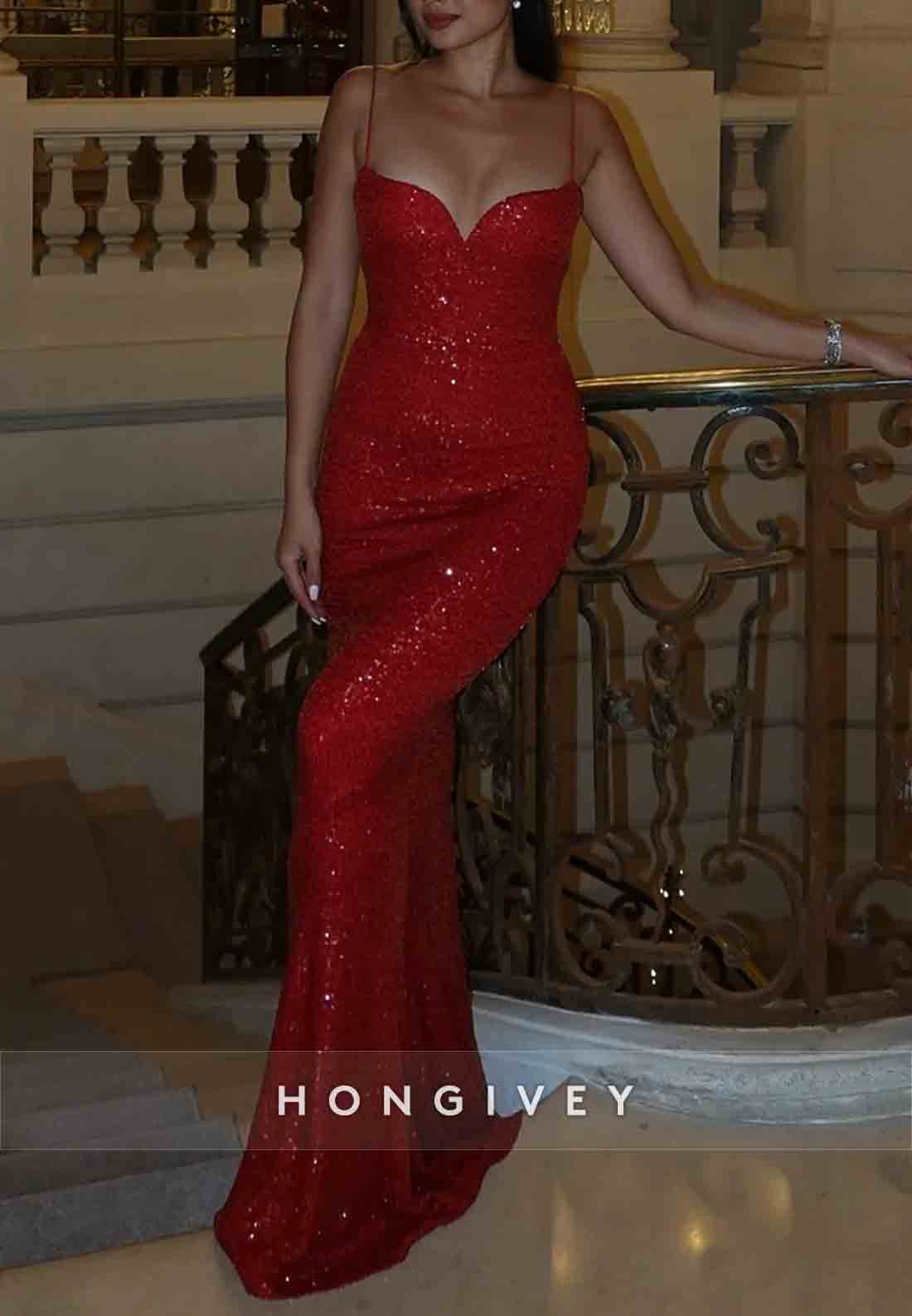 Sparkly Spaghetti Straps Sequined Low Back Mermaid Prom Dresses