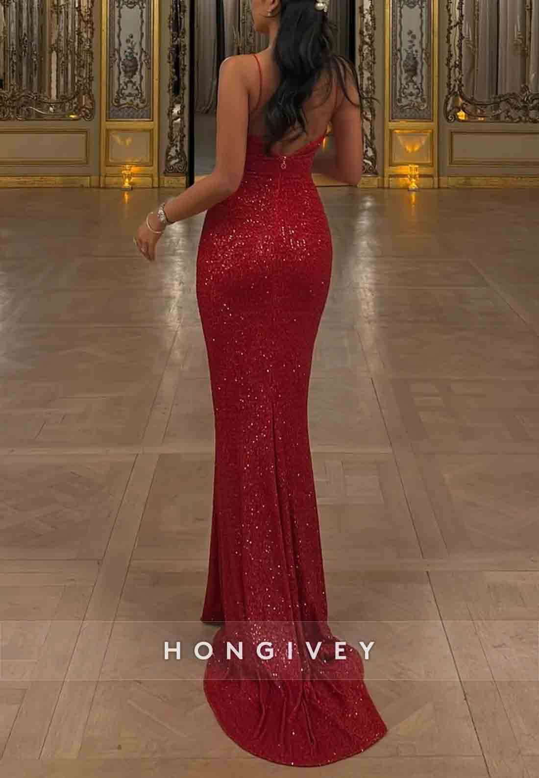 Sparkly Spaghetti Straps Sequined Low Back Mermaid Prom Dresses