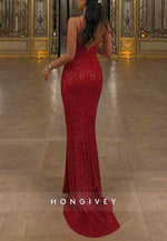 Sparkly Spaghetti Straps Sequined Low Back Mermaid Prom Dresses