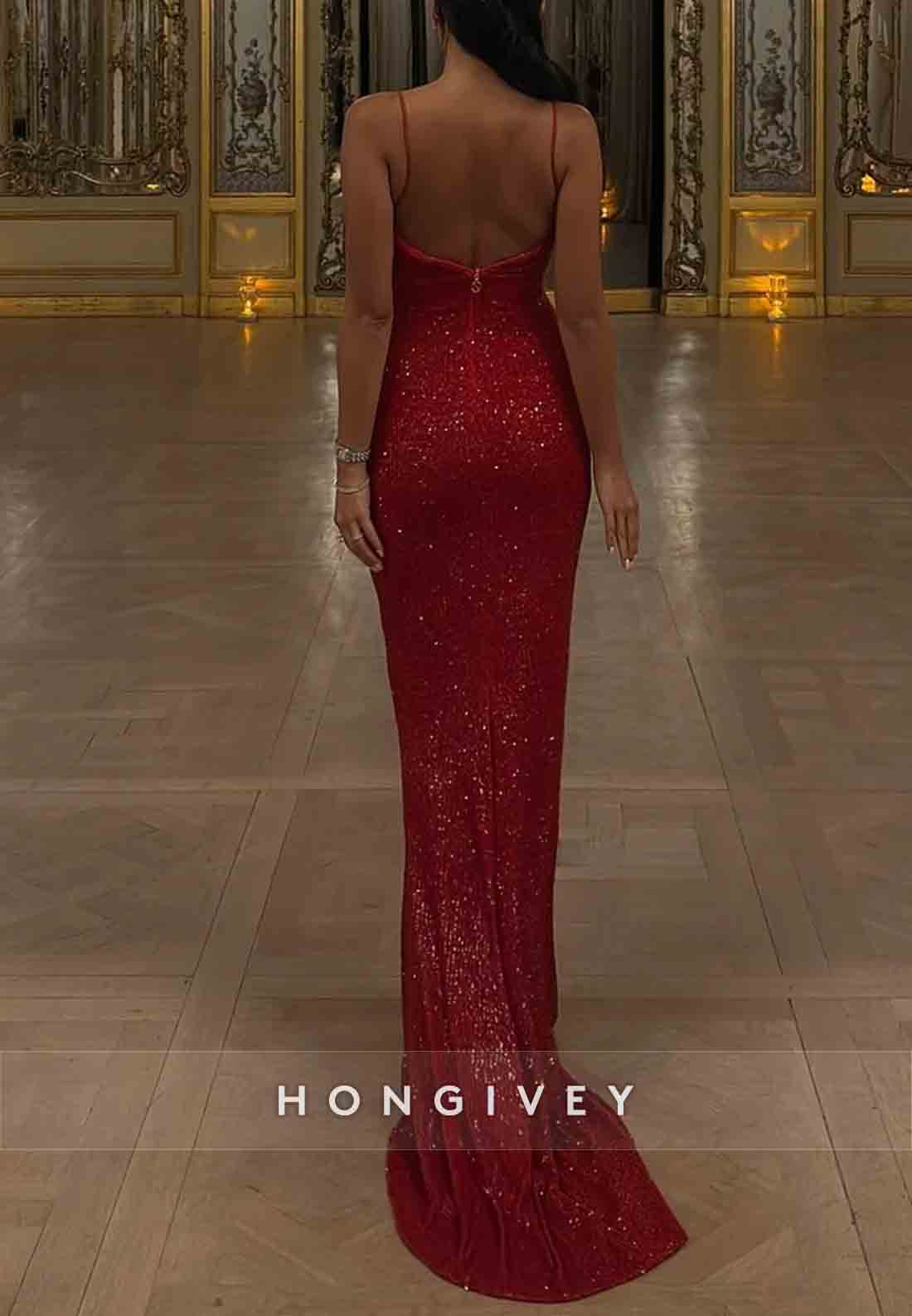 Sparkly Spaghetti Straps Sequined Low Back Mermaid Prom Dresses