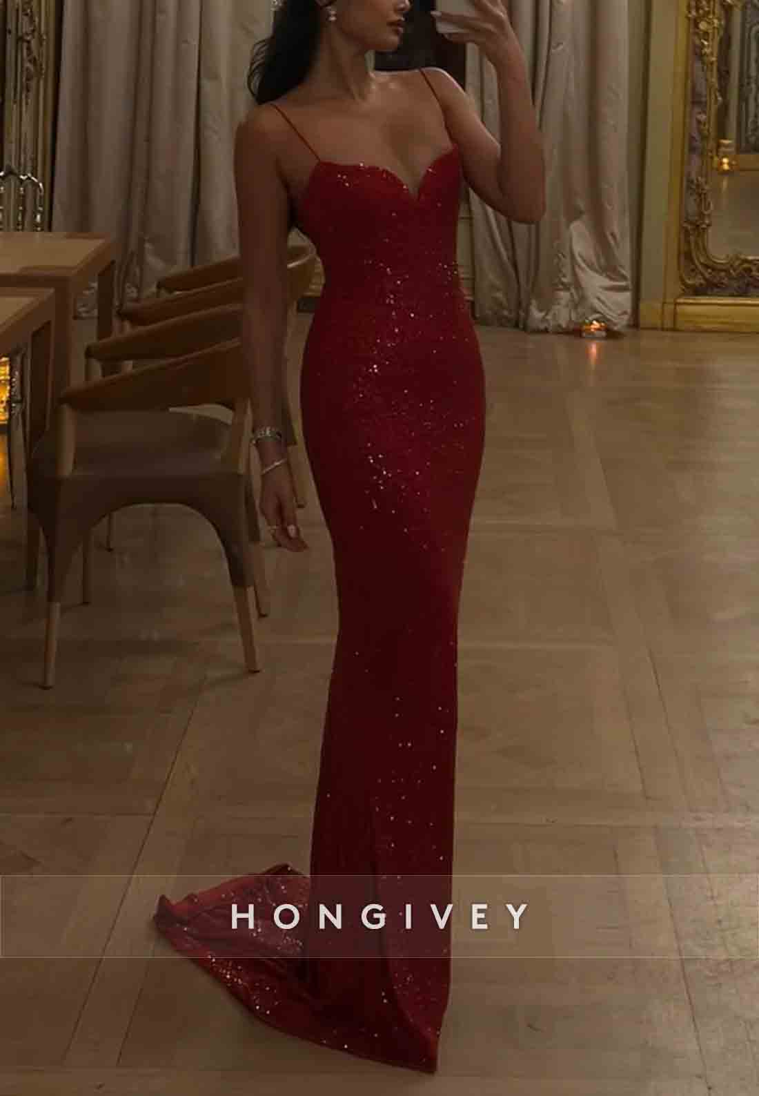 Sparkly Spaghetti Straps Sequined Low Back Mermaid Prom Dresses