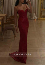 Sparkly Spaghetti Straps Sequined Low Back Mermaid Prom Dresses