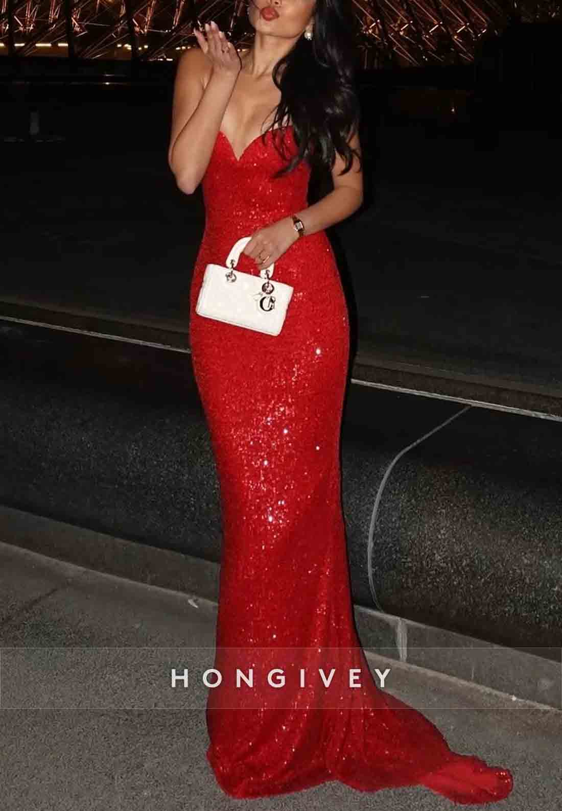 Sparkly Spaghetti Straps Sequined Low Back Mermaid Prom Dresses