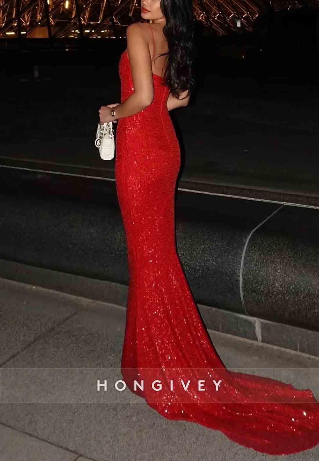 Sparkly Spaghetti Straps Sequined Low Back Mermaid Prom Dresses