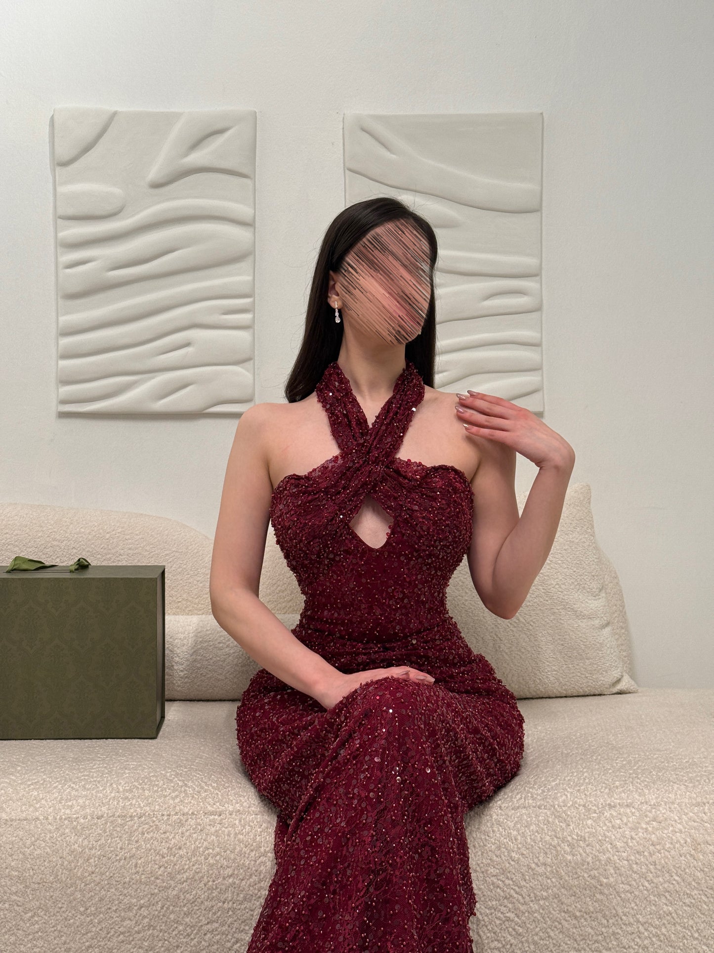 Fashion Red Halter Sleeveless Sequins Sparkle Mermaid Evening Dress