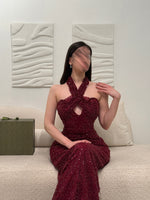 Fashion Red Halter Sleeveless Sequins Sparkle Mermaid Evening Dress