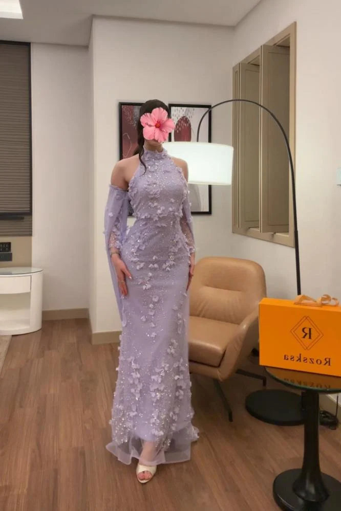 Halter High Neck Detachable Lace Flowers Long Sleeve Mermaid Evening Dress