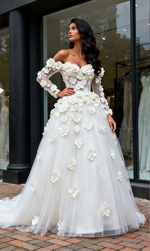 Long Sleeves Tulle Flowers Off The Shoulder Wedding Dress