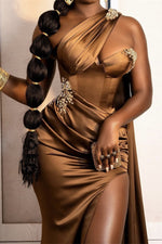 One Shoulder Beadings Sleeveless Long Split Mermaid Prom Dress With Ruffles