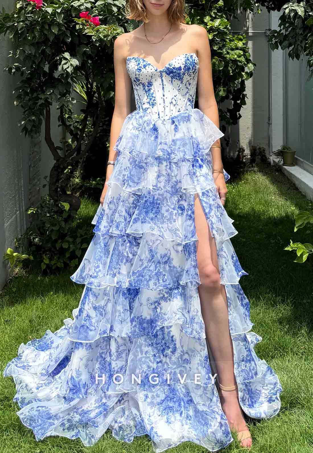Floral Print Strapless High Slit A-Line Empire Prom Dresses with Ruffles