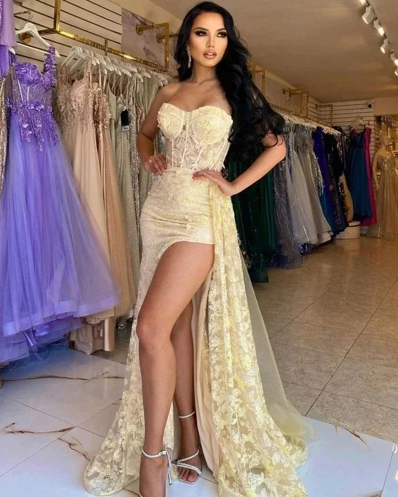 Lace And Tulle Strapless Sleeveless High-Waisted Long Mermaid Prom Dress With Split