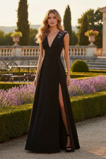 Black Beaded Cap Sleeve V Neck A Line Evening Dress