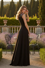 Black Beaded Cap Sleeve V Neck A Line Evening Dress