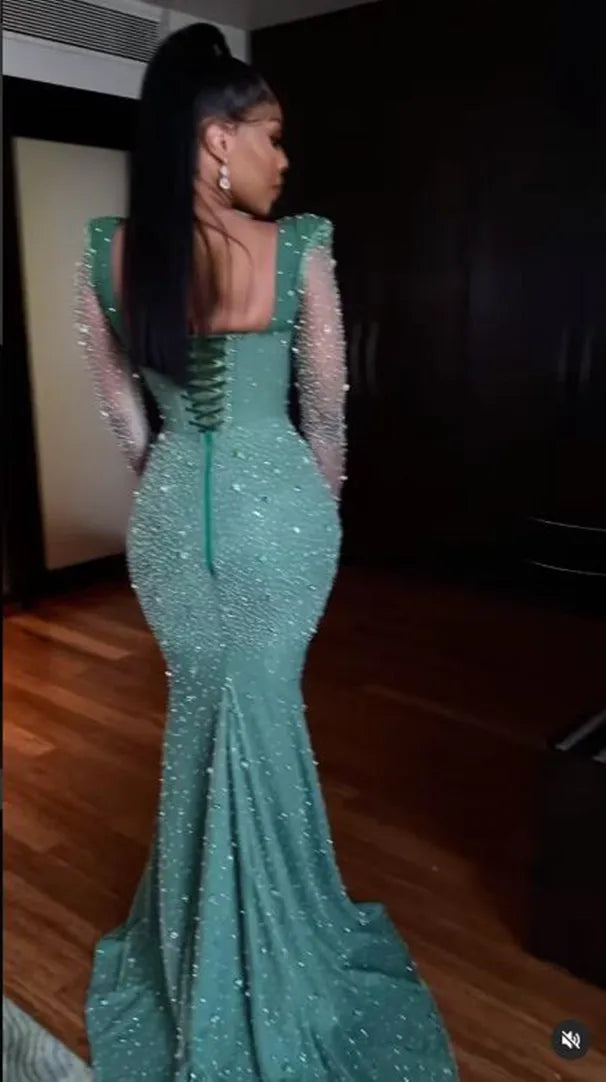 Hidais Shinning Applique Long Sleeves Green Mermaid Floor Length Prom Dress
