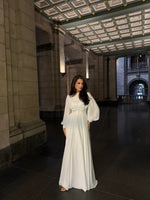 Elegant High Neck Putty Long Sleeve Button A-Line Floor-Length Evening Dress