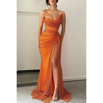 Sweetheart Orange Beaded Mermaid Side Slit Prom Dress