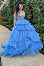 White Tiered Tulle Off-Shoulder Ball Gown with Beaded Bodice Prom Dress