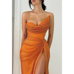 Sweetheart Orange Beaded Mermaid Side Slit Prom Dress