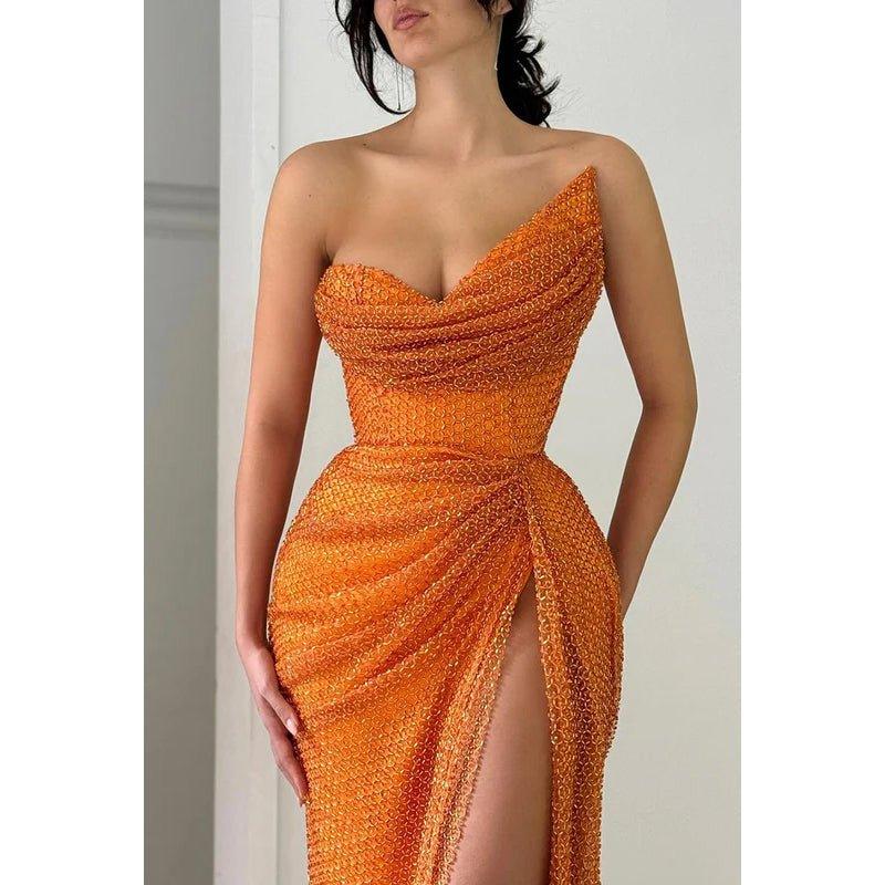 Sweetheart Orange Beaded Mermaid Side Slit Prom Dress