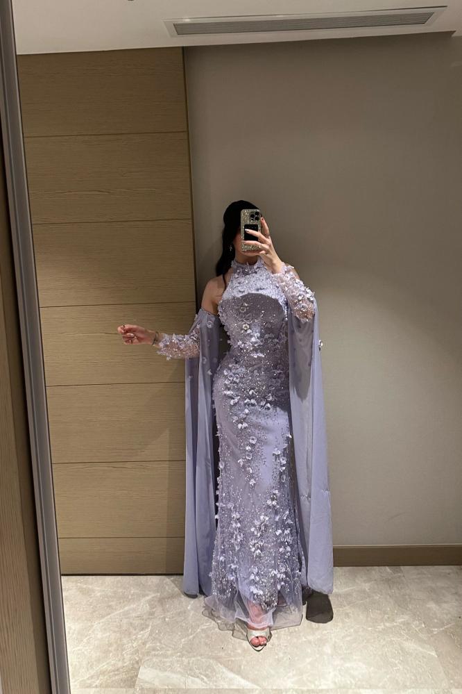 Halter High Neck Detachable Lace Flowers Long Sleeve Mermaid Evening Dress