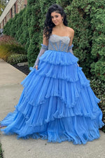 White Tiered Tulle Off-Shoulder Ball Gown with Beaded Bodice Prom Dress