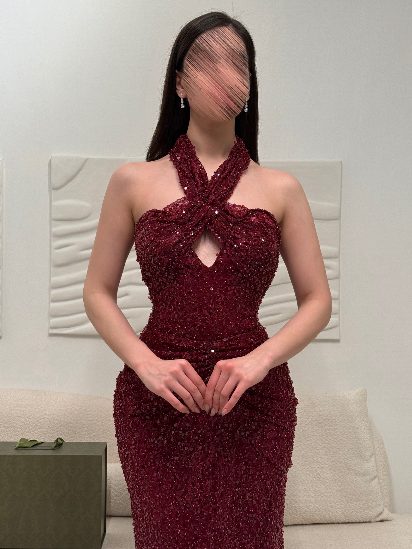 Fashion Red Halter Sleeveless Sequins Sparkle Mermaid Evening Dress